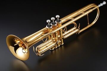Obraz premium A shiny golden trumpet lays against a dark background