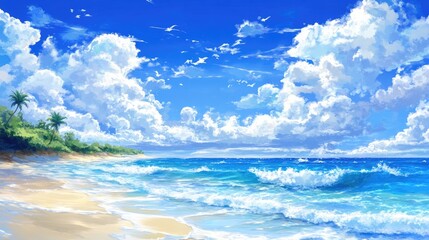 Tropical Beach Paradise Sunny Sky with Azure Ocean, and White Sand.