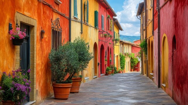 Fototapeta Colorful street in Pienza, Tuscany, Italy