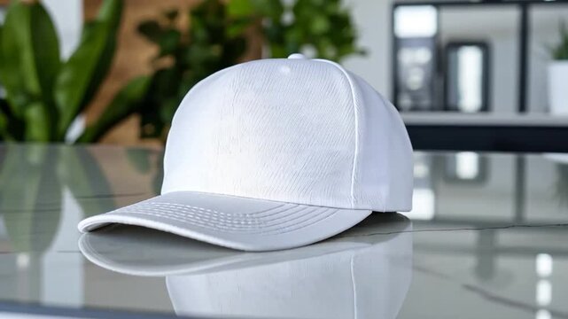 Blank white baseball cap on a table in an office setting.  Possible use promotional product, merchandise, apparel