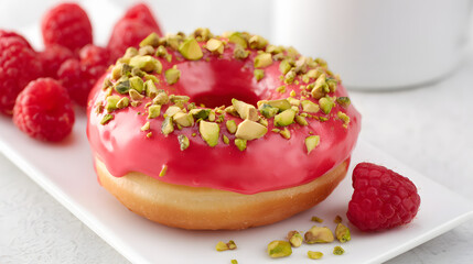 Fluffy Glazed Donut with Tangy Raspberry Icing and Pistachio Topping on a White Plate