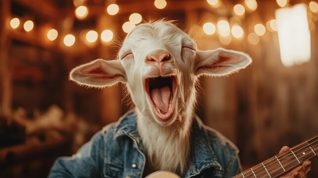 A joyful goat wearing a denim jacket sings passionately, showcasing a vibrant personality amidst soft twinkling lights in a cozy rustic setting, capturing an entertaining moment.