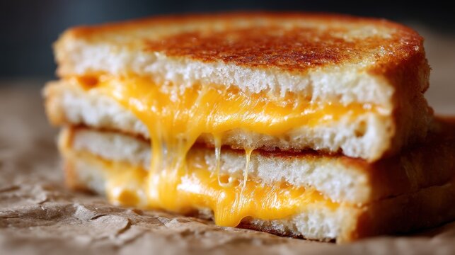 Delicious grilled cheese sandwich oozing with melted cheddar on brown paper background in a close up view showcasing its golden crust and cheesy interior