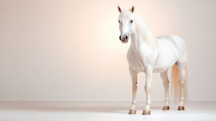 Obraz premium A majestic white stallion poses regally in the soft light of an empty room, emphasizing its strength and beauty, inviting admiration and evoking a sense of tranquility.