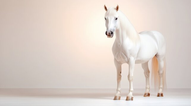 A majestic white stallion poses regally in the soft light of an empty room, emphasizing its strength and beauty, inviting admiration and evoking a sense of tranquility.