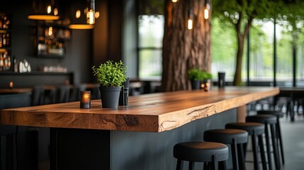 A chic bar area featuring a wooden counter adorned with green plants and warm lighting, providing a cozy and modern atmosphere for social gatherings and refreshments.