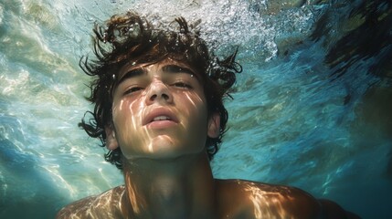 Free diver swimming into the deepness. Young man practising apnea.