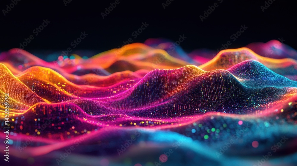 Poster digital data visualization: an eye-level shot presents a futuristic digital landscape, featuring a m