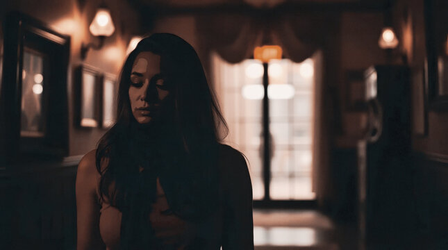 Portrait of a young brunette woman with long hair and closed eyes in a dimly lit room. Digital illustration with a retro and cinematic look.