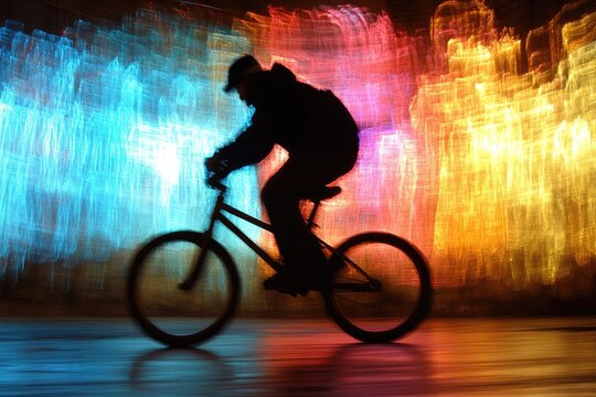 A silhouette of a person riding a bicycle at speed