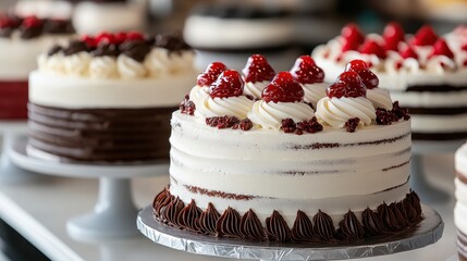 An exquisite cake featuring a layer of chocolate frosting adorned with raspberries, perfect for celebrations and sweet indulgences any time of the year.