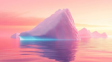 Icebergs floating on calm water under a pastel pink and orange gradient sky.