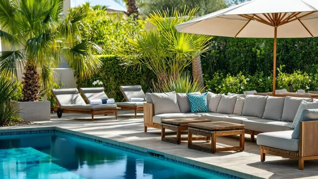 Serene poolside retreat with luxurious lounge and greenery