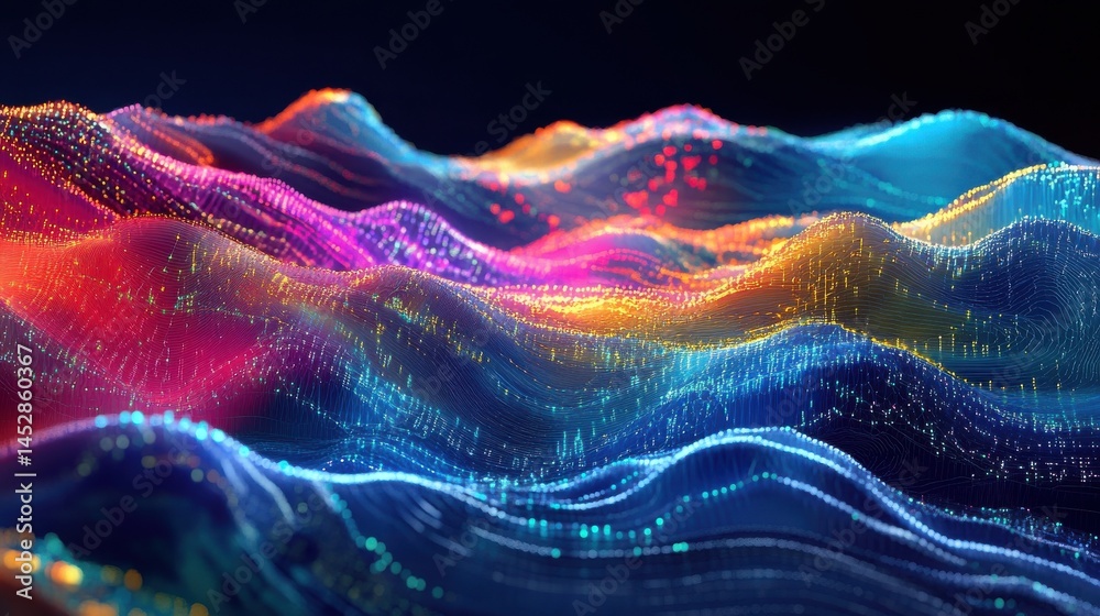 Poster digital data visualization: an eye-level shot presents a futuristic digital landscape, featuring a m