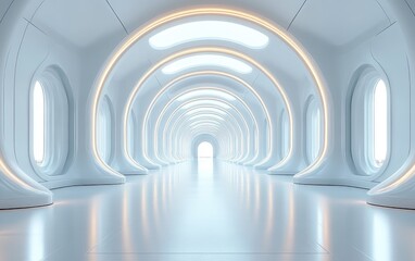 Obraz premium A futuristic, empty corridor with smooth, white walls.