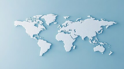 Minimalist 3D-rendered world map with light-colored continents on a soft blue background.