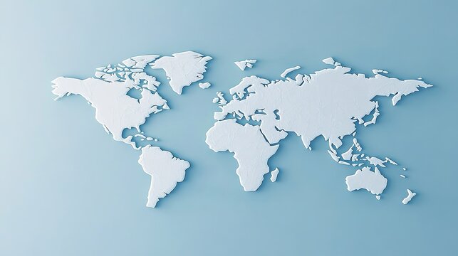 Fototapeta Minimalist 3D-rendered world map with light-colored continents on a soft blue background.