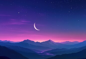 Fototapeta premium Rolling mountains under a starry night sky with a crescent moon and purple-to-blue gradient.