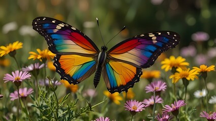 Fototapeta premium A close vibrant butterfly with wings designed like the Progress Pride flag, flying over colorful wildflowers in a meadow.