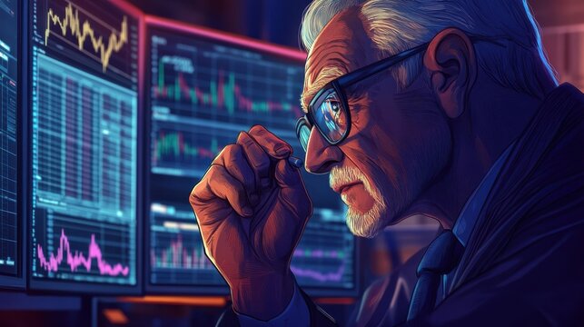 Mature crypto trader investor analyst broker using pc computer analyzing digital cryptocurrency exchange stock market trading graphs report thinking of investing funds risks doing global analysis. il