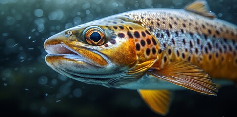 Fototapeta premium Swimming Brown Trout in Underwater Habitat Freshwater Ecosystem Macro Photography Natural Close-Up View