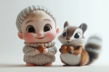 Obraz premium A cute baby and a squirrel cartoon, holding nuts, wearing knitted winter clothes, on a neutral background.
