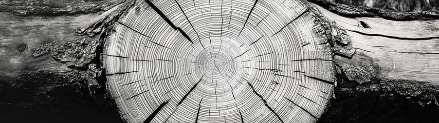 Black and white close-up of a tree trunk cross-section showing annual rings and cracks.