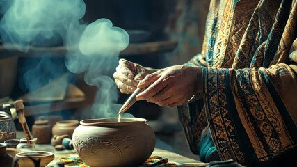 Ancient ritual: crafting spices in a traditional ceramic pot