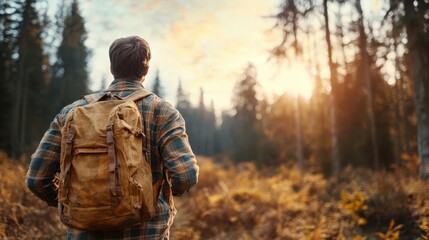 A lone man with a backpack stands in a serene forest, gazing at the sunset, showcasing the tranquility of nature and the allure of adventure in the great outdoors.