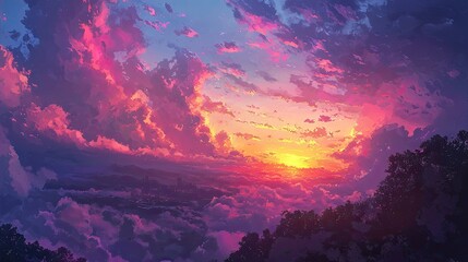 Naklejka premium Vibrant sunset over a dramatic cloud formation.