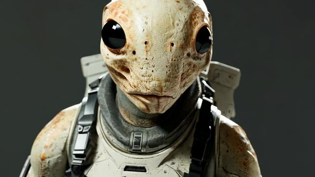 A reptilian humanoid creature in armor with large black eyes and worn skin.
