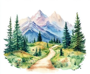 Scenic Mountain Path Majestic Landscape Watercolor Artwork Serene Nature Aerial View Tranquility and Adventure