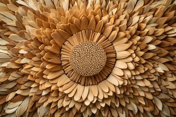 Minimal composition of dry wood fibers arranged in circular pattern, top view
