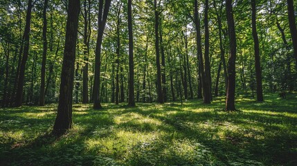 Naklejka premium Lush forest floor bathed in dappled sunlight.