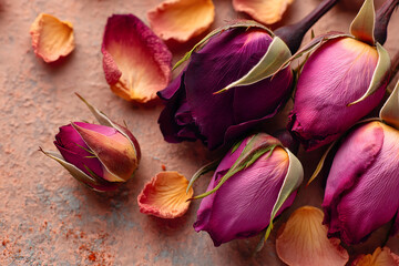 Overhead view of dried rose buds and petals in flat lay, warm natural light