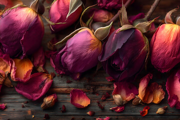 Overhead view of dried rose buds and petals in flat lay, warm natural light