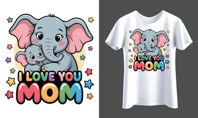 Mother’s Day Vector Art with Cute Baby and Mom Elephant Hugging