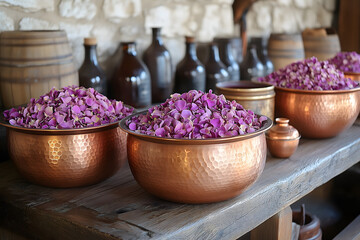 Rose oil distillation setup with petals and copper pot (no human), traditional style