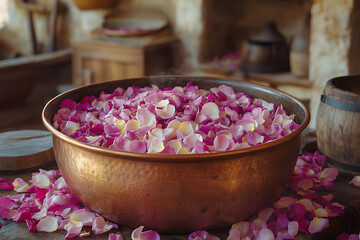 Rose oil distillation setup with petals and copper pot (no human), traditional style