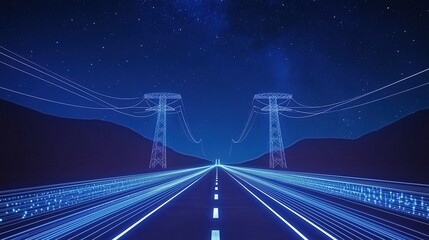 Obraz premium Futuristic Highway with Power Lines Under a Starry Night
