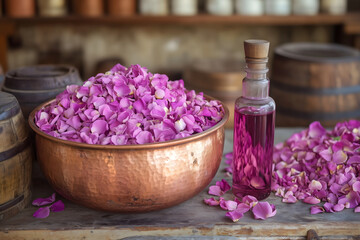 Rose oil distillation setup with petals and copper pot (no human), traditional style