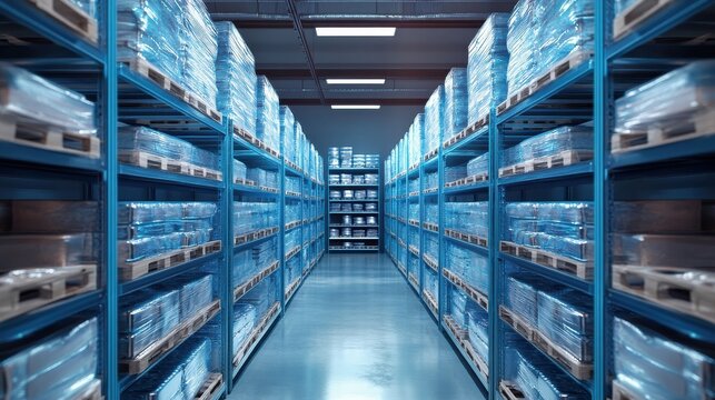 Walk-in industrial deep freezer interior. Frost covered shelves full of wrapped food containers in warehouse. Cold storage room for frozen food products, cool refrigerating chamber, food industry
