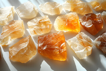 Scattered synthetic ambergris fragments on frosted glass, ambient cool lighting