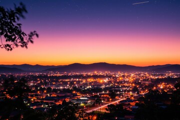 Obraz premium Twilight city lights glow below mountains, framed by silhouetted trees. Starry sky above
