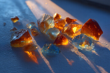 Scattered synthetic ambergris fragments on frosted glass, ambient cool lighting