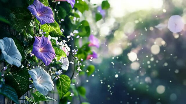 Morning glory blooming with dew drops in gentle breeze