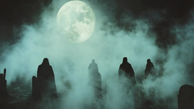 Mysterious Figures in a Foggy Graveyard Under a Full Moon