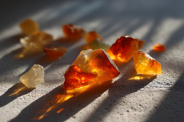 Scattered synthetic ambergris fragments on frosted glass, ambient cool lighting