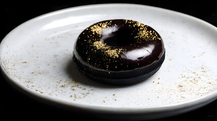Dark Cocoa Donut with Glossy Chocolate Glaze and Gold Dust on Elegant Plate Presentation