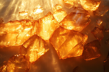 Scattered synthetic ambergris fragments on frosted glass, ambient cool lighting